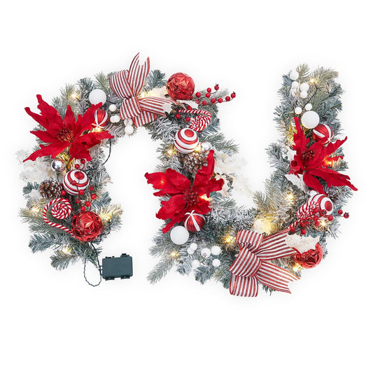 FairyLee 6ft Battery Operated Christmas Garland with 20 LED Lights & Timer, Pre-Lit Artificial Garland for Mantle, Staircase, Table, Indoor Outdoor Xmas Holiday Decor,Red Flower