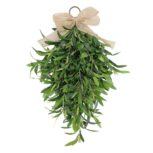 Artificial Olive Teardrop Swag Wreath for Front Door - 22 Inch Faux Greenery Wall Decor with Burlap Bow - Farmhouse Olive Branch Swag for Indoor Kitchen Entryway Wedding Arch
