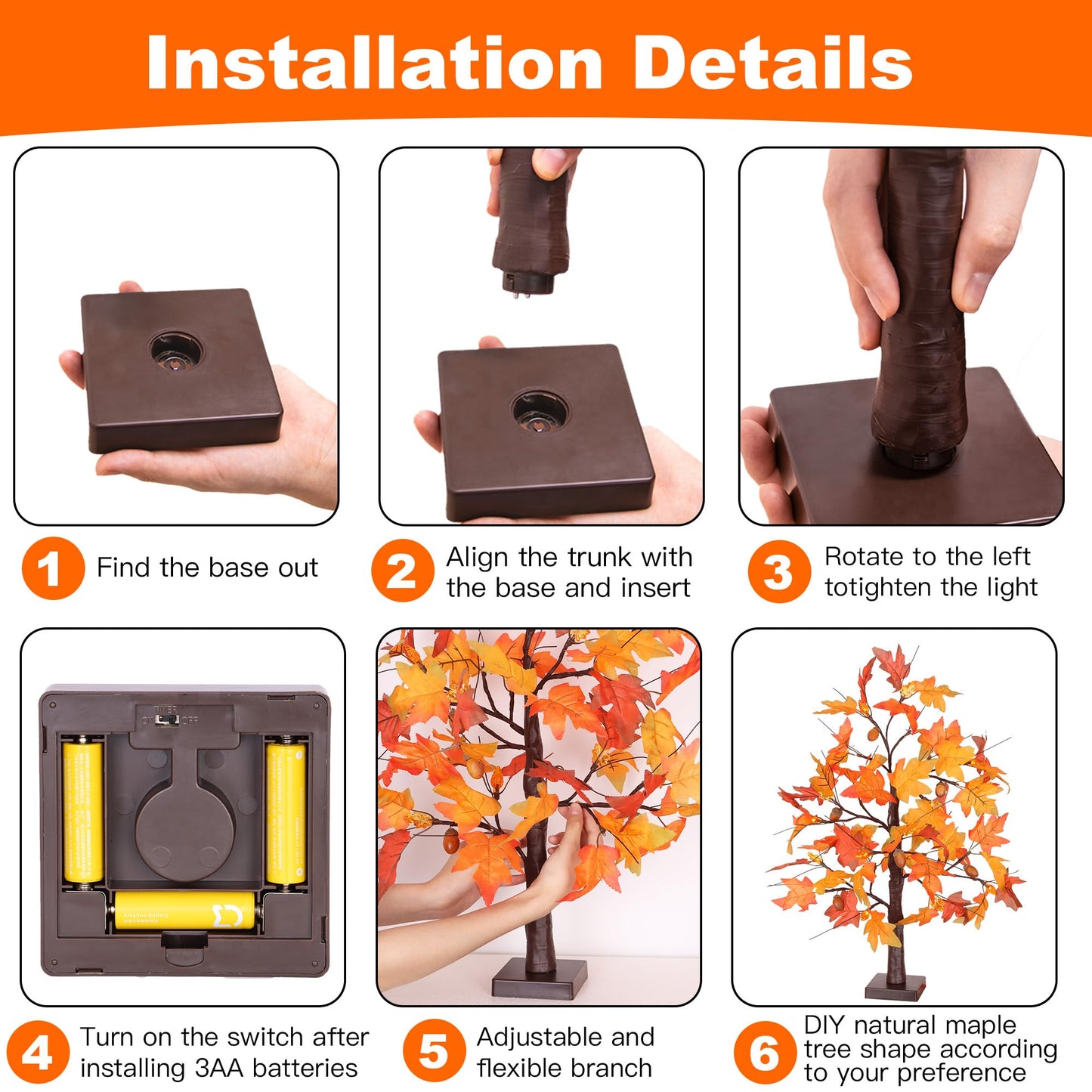 2 Pack 24 Inch Fall Maple Tree Fall Thanksgiving Decorations with Lights Lighted Artificial Tree with Pumpkin Acorn Maple Thanksgiving Table Decoration Centerpieces Indoor Friendsgiving Decor for Home