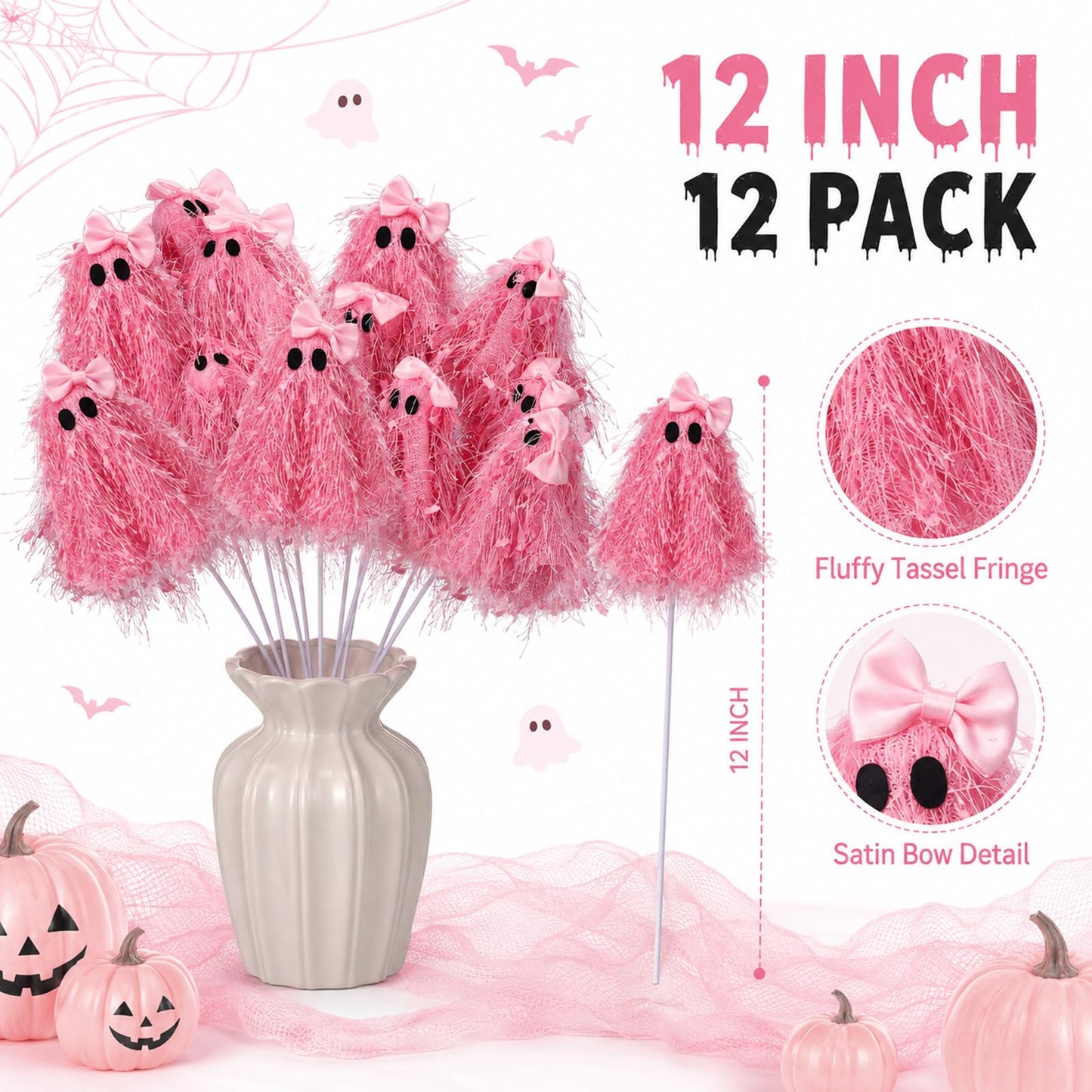 Suncalla 12 Pcs 12 Inch Halloween Spooky Ghosts Stems Glitter Ghost Picks with Tassel Gothic Halloween Tree Picks Floral Decor for Vase Floral Arrangements Table Centerpieces Decorations(Pink)
