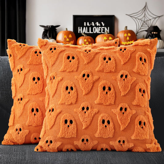MIULEE Halloween Pillow Covers Cute Ghost Spooky Throw Pillows Set of 2 Soft Plush Faux Fur Fall Decorative Cushion Covers for Couch Sofa Bed Porch Living Room Autumn Decor 18x18 inch Orange