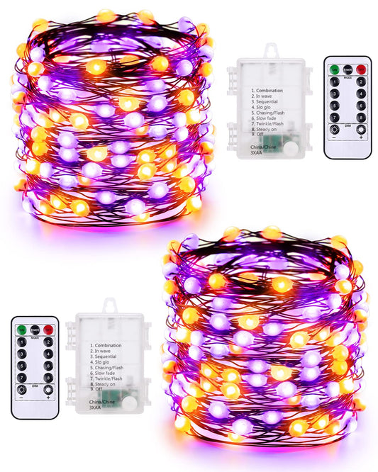 ODEETRONIC Orange Purple Halloween Lights, 2 Pack 16.4ft 50 LED Orange Fairy Lights String, 8 Modes Battery Operated Purple Twinkle Tree Lights with Remote Timer for Party Home Indoor Outside Decor