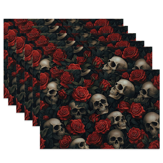 Cloth Placemats,Gothic Skull Fabric Placemats Set of 6,Washable Halloween Red Rose Flower Table Mats,Decorative Place Mats for Dining Home Kitchen Holiday Party 11.8x17.7 Inch