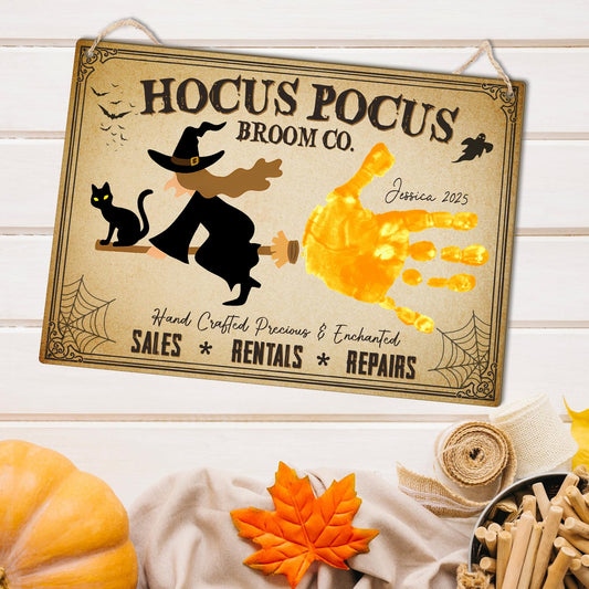 Hocus Pocus Broom Co DIY Handprint Wooden Sign, 7x10in Vintage Halloween Witch Decor, DIY Baby's First Halloween Signs, Holiday Craft, Gift for Kids Toddler, New Mom, New Dad, Memory Keepsake