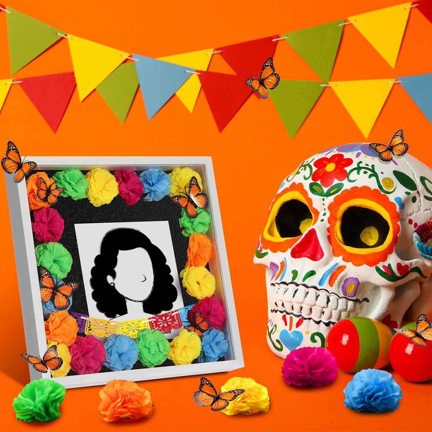 AceOrbit 41pcs Day of The Dead DIY Shadow Box Craft Set Memorial Shadow Box Accessories 6 Monarch Butterfly 30 Artificial Marigold Flowers 2 Papel Picado Banner 3 Background Paper(Colorful)