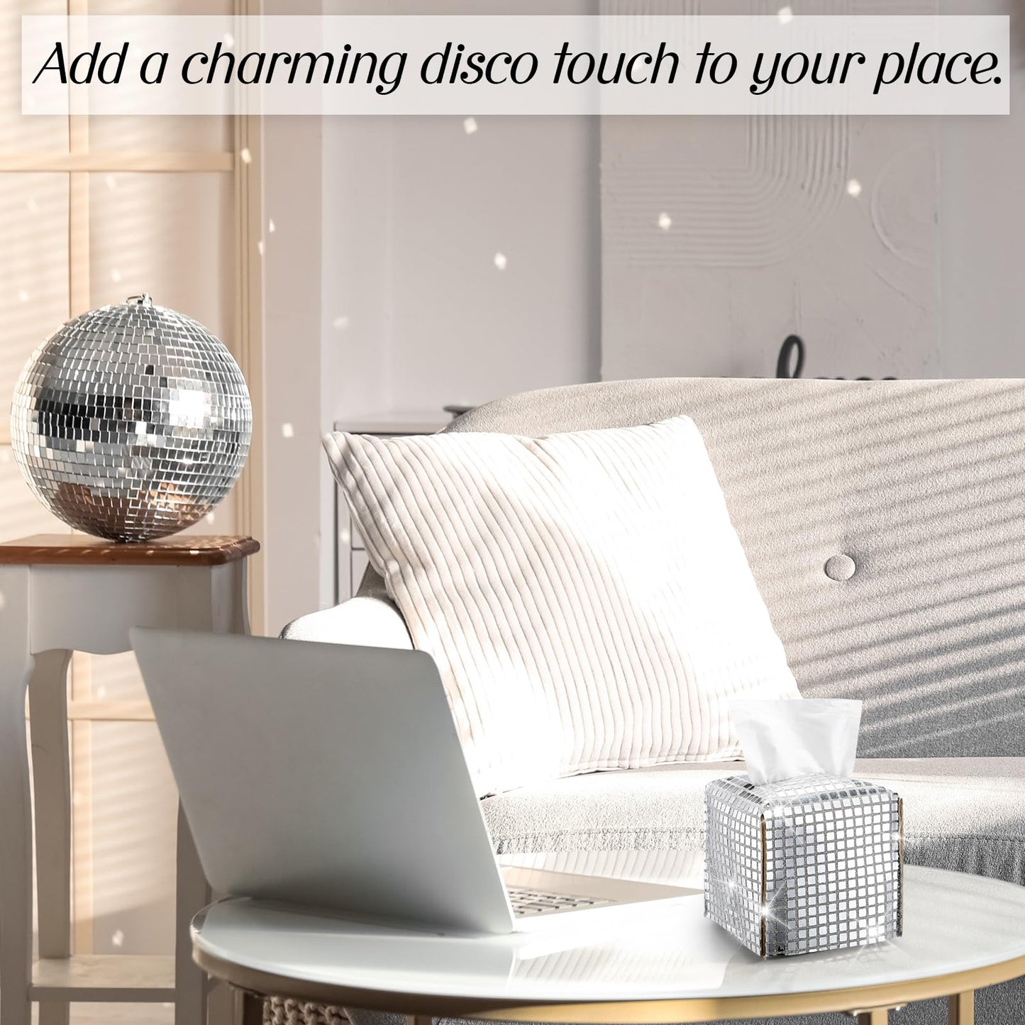 CroBlissful Disco Ball Tissue Box Cover Glitter Silver Square Rectangular Bling Paper Holder Sparkle Tissue Box for Bathroom Vanity Countertop Tabletop Car Office(Small,Disco Fabric,1)