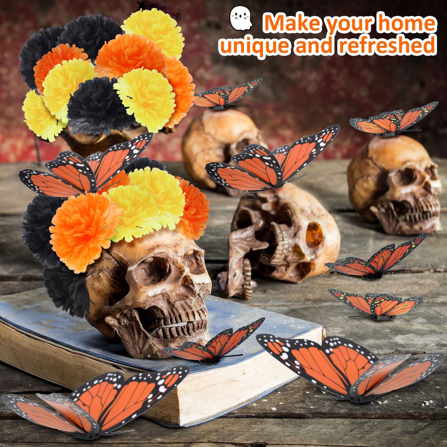 80 Pcs Artificial Marigold Flowers Monarch Butterfly Decorations Kit Dia De Los Muertos Decor Day of The Dead Decorations Include 20 Fake Butterflies for Crafts 60 Marigold Flowers for Diwali Mexican