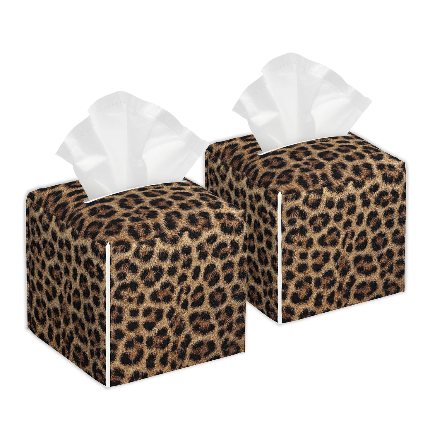 Leopard Prints Tissue Box Cover 2Pcs PU Leather Tissue Box Holder for Home, Square Tissue Holder for Harvest Autumn Season Halloween Thanksgiving Gift