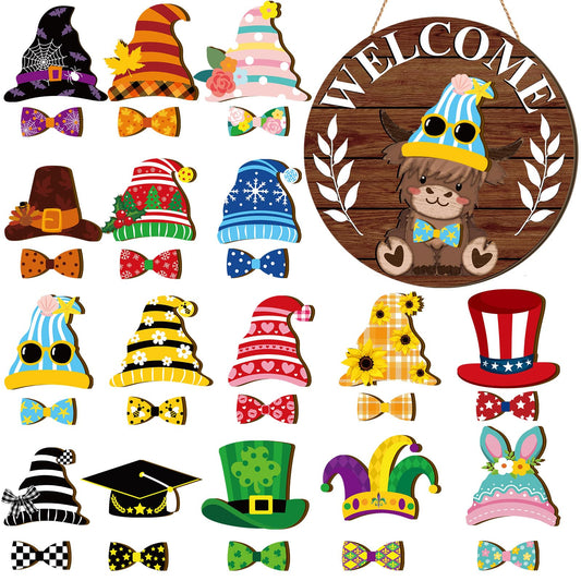 GlikCeil 33 Pcs Holiday Interchangeable Highland Cow Welcome Sign Highland Cow Seasonal Wooden Hanging Door Decor Patriotic Farmhouse Hanging Sign for Front Door Graduation Decor(Brown Grain)