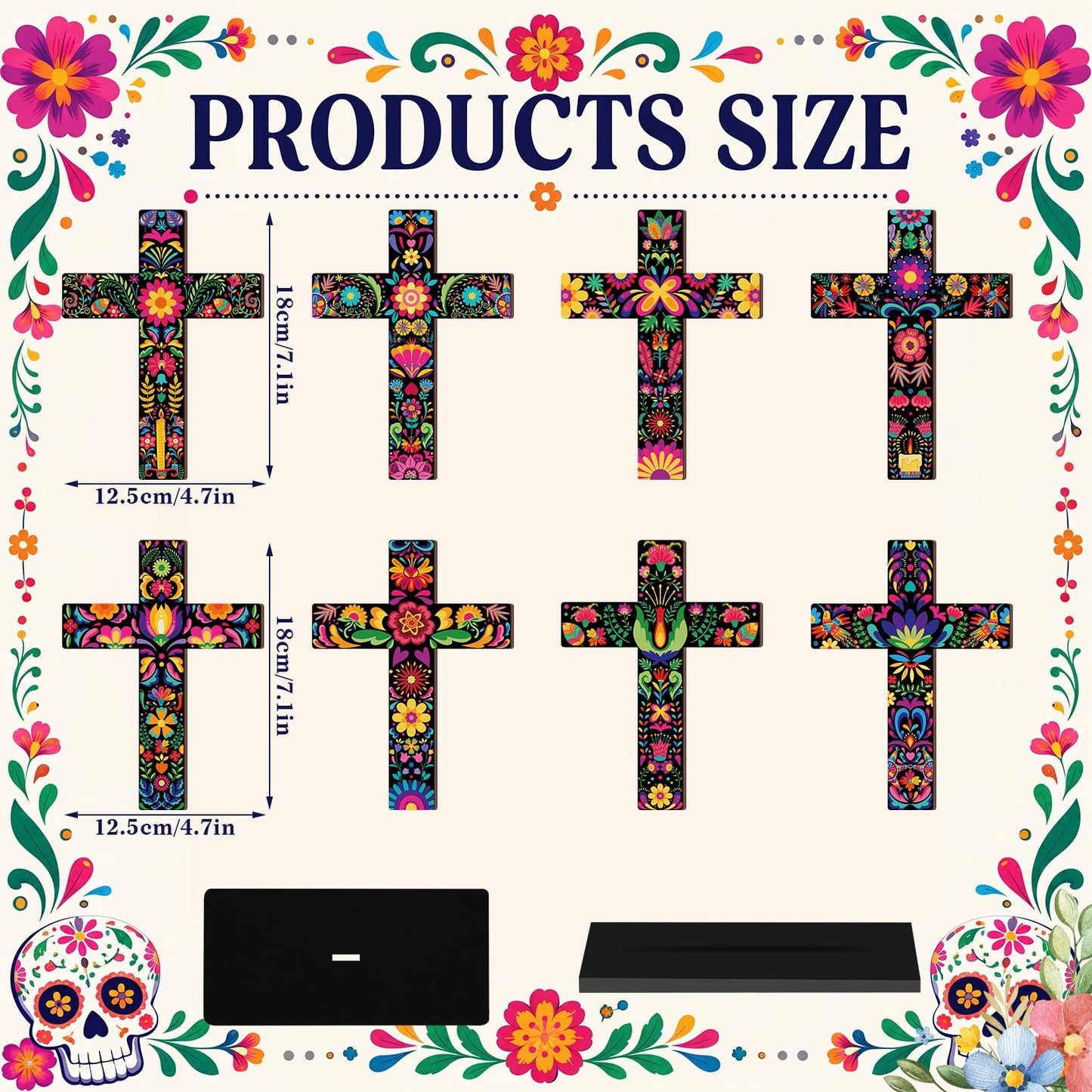 Amyhill 8 Pcs Dia De Los Muertos Altar Table Decorations Wooden Mexican Otomi Tenango Floral Folk Art Cross Centerpiece Day of The Dead Tabletop Sign Religious Cross for Home Desktop Shelf Decor