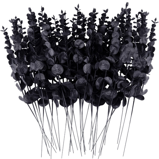 FEQO 36 Pcs Black Eucalyptus Stems Artificial Leaves Faux Eucalyptus Stems Branches 15 inch for Wedding Bouquet Home Decor