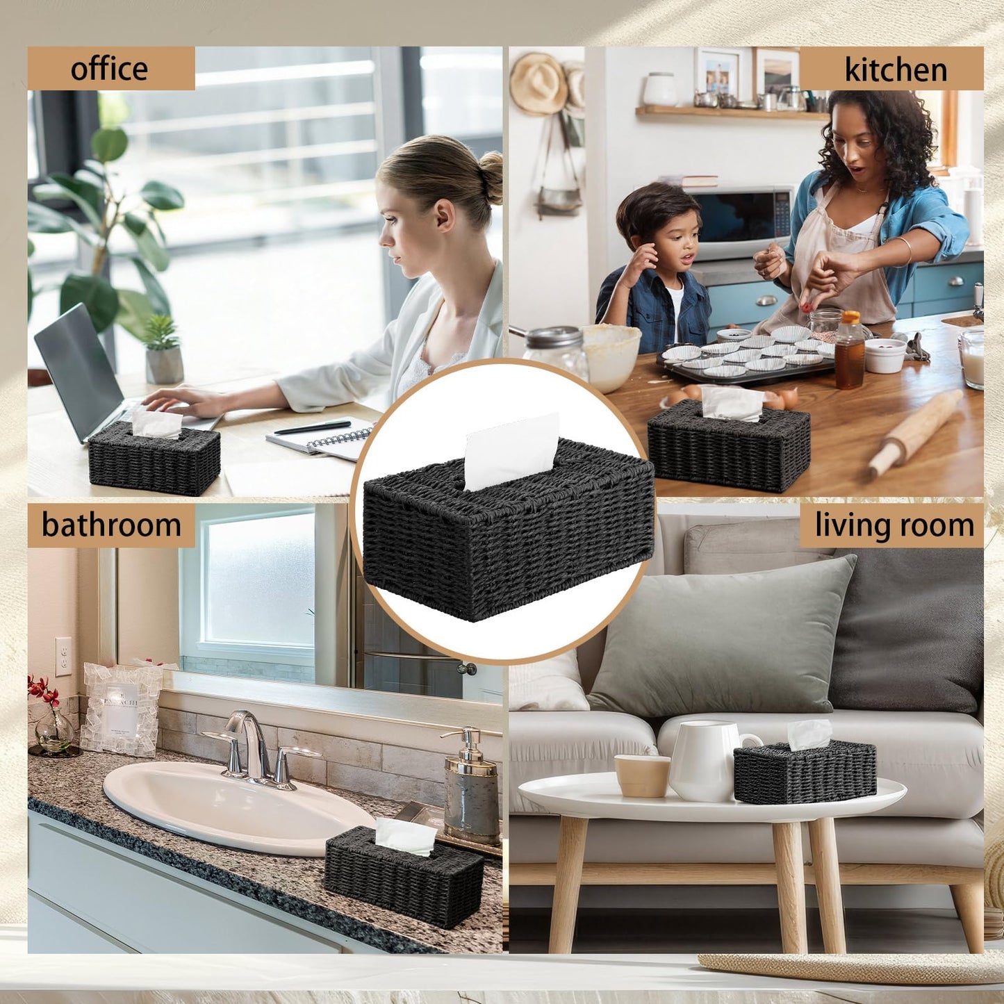Acellegic Black Tissue Box Cover Rectangle Natural Paper Rope Hand Woven Tissue Box Holder for Bathroom Living Room Bedroom Kitchen Table Desk Office Farmhouse Home Decor