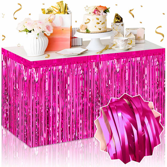 3 Pack Fuchsia Foil Fringe Table Skirts Metallic Tinsel Streamers Garland Banner Backdrop for Table Decor, Parade Float, Birthday, Wedding, Halloween, Christmas Party Decorations(29x108 In)