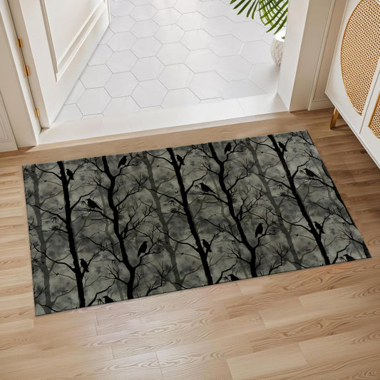 Spooky Forest Crow Indoor Door Mat, 17x29.5 Inch, Floor Area Rug for Entryway, Living Room, or Bathroom, Non-Slip Doormat, Halloween Gothic Raven and Haunted Trees Design Home Decor Rug Gifts
