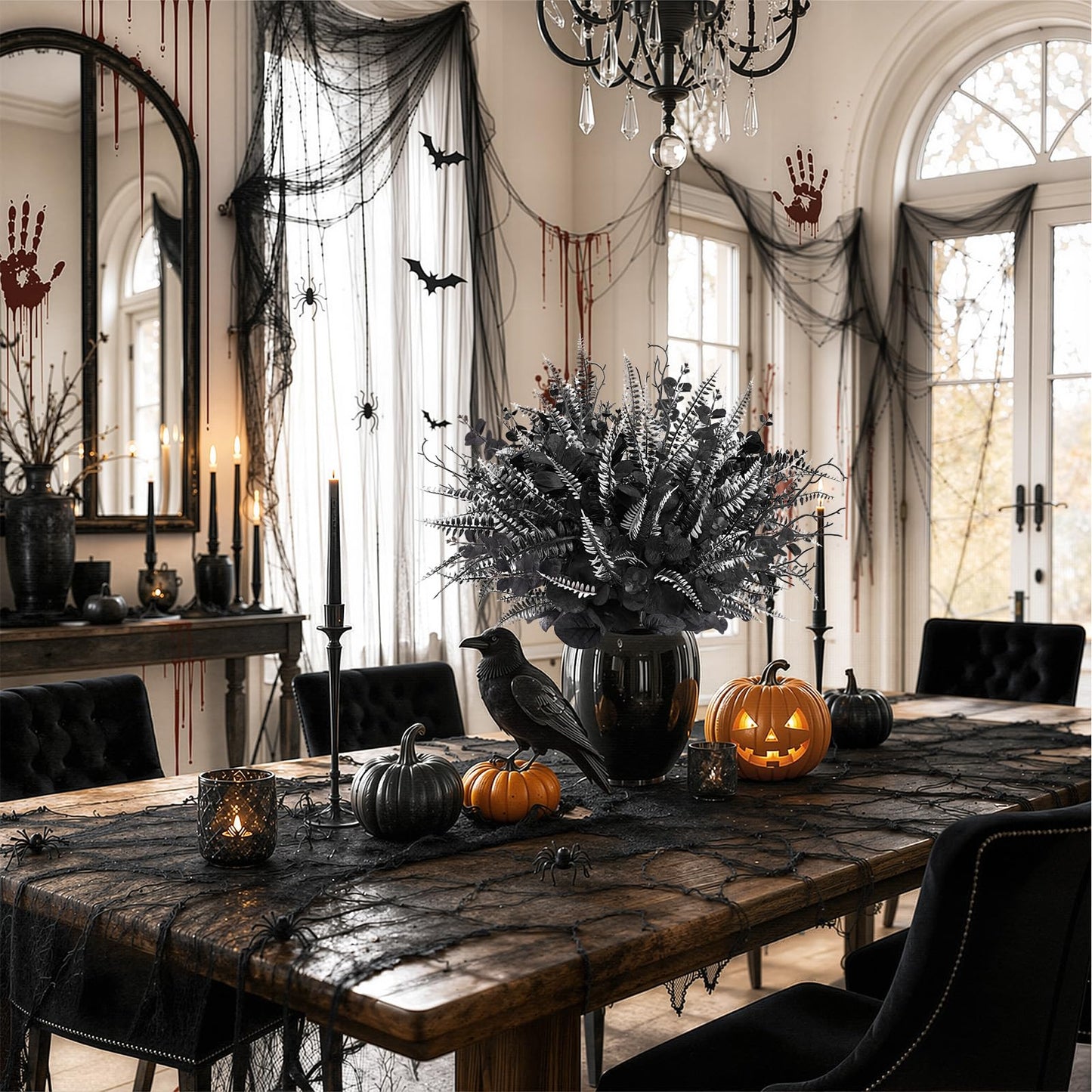 HIAGROW 12 Pcs Black Eucalyptus Stems with Ferns Dead Branches, Halloween Flowers DIY Black Silk Artificial Flowers Fake Spooky Branches for Home Halloween Farmhouse Gothic Arrangements Decor