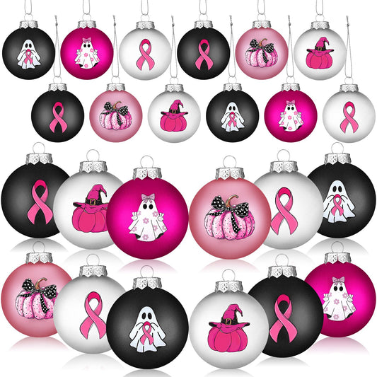 Arrowbash 12 Pcs Breast Cancer Halloween Ornaments 2.4 Inch Pink Ghost Ribbon Ball Decoration October Pink Pumpkin Bulb Ornaments Breast Cancer Awareness Halloween Decoration for Tree Home Party Decor