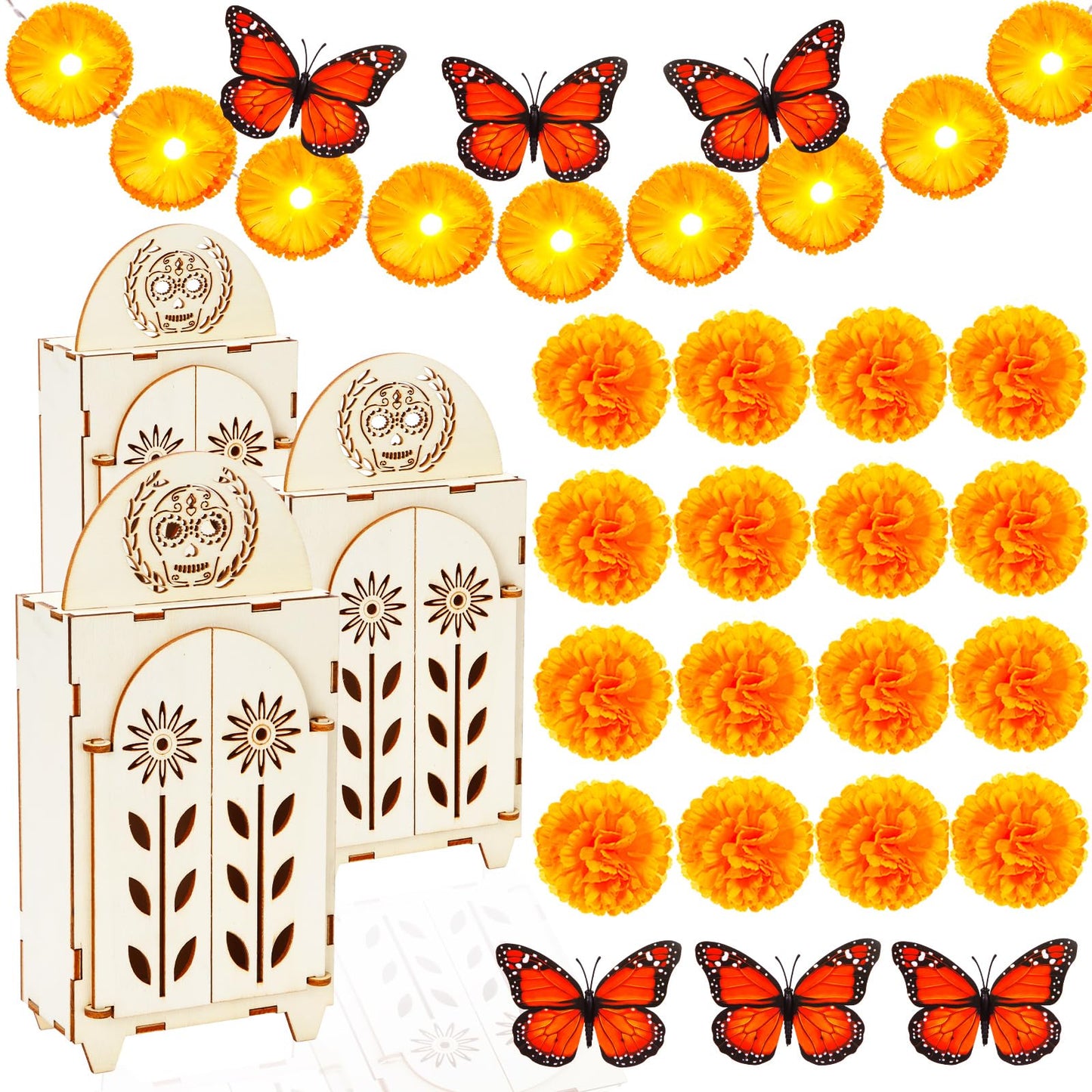 Jetec 30 Pcs Dia De Los Muertos Decoration Set Include Day of the Dead Altar Ofrenda Artificial Marigold Flowers 4.92 Feet Diwali Marigold Garland Light and Monarch Butterfly Decor(Papel Picado)