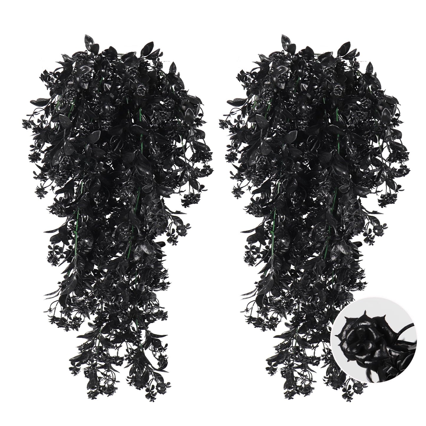 RECUTMS 2Pcs Artificial Black Hanging Flowers for Outdoors Decoration Fake Hanging Plants UV Resistant Plastic Greenery Vines Ivy for Halloween Gothic Home Porch Wall Garden Party Decor（Black）