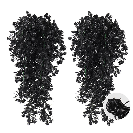 RECUTMS 2Pcs Artificial Black Hanging Flowers for Outdoors Decoration Fake Hanging Plants UV Resistant Plastic Greenery Vines Ivy for Halloween Gothic Home Porch Wall Garden Party Decor（Black）