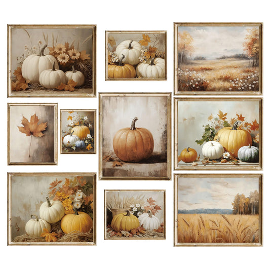 Whaline 10 Pcs Fall Thanksgiving Pumpkin Wall Art Prints Vintage Pumpkin Leaves Flower Paper Posters Autumn Realistic Picture Decoration for Harvest Home Gallery Living Room Office, Unframed