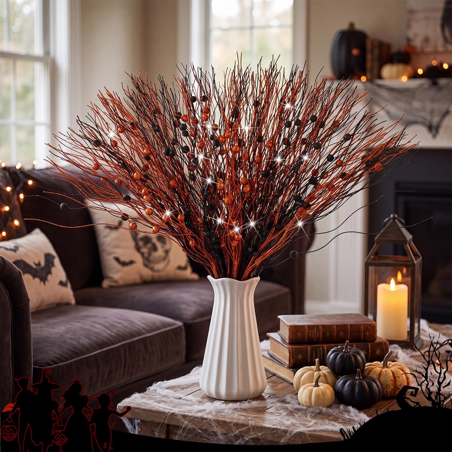 Giegxin 32 Pack Halloween Black Orange Artificial Glitter Berry Stem, 17 Inches Fall Thanksgiving Floral Picks Branches for Halloween Autumn Holiday Vase Filler Home Table Centerpieces DIY Decoration