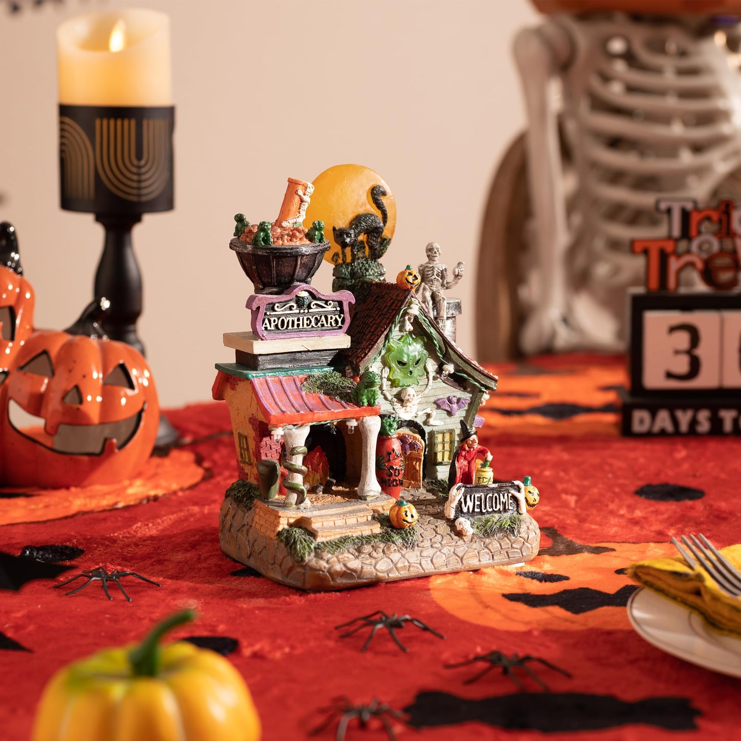 Valery Madelyn Halloween Decorations, Lighted Halloween Village Houses with Music and LED Lights, Resin Haunted House Spooky Town Scary Witch's Potion for Home and Party Table Desk Mantel, 8 Inch