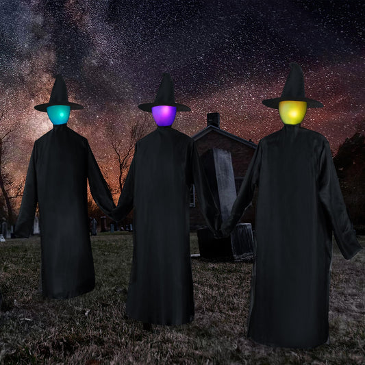 COOLWUFAN 6 FT Halloween Witch Decorations Outdoor, Life Size Holding Hands Witches Décor with Multi-Colored Light Emitting Head and Scary Screams, 3 Pack Witch Décor for Yard Lawn Garden Outside