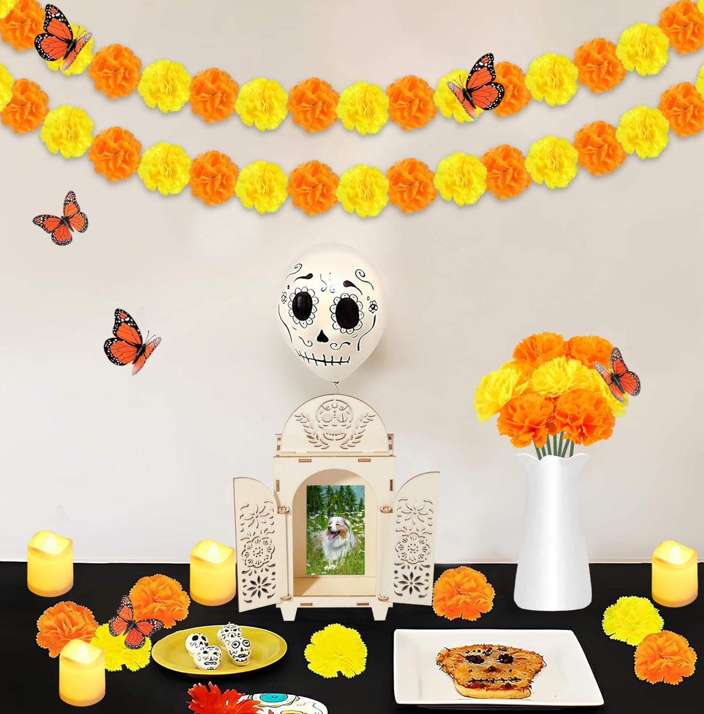 51Pcs Dia De Los Muertos Decorations Wooden Shadow Box Day of The Dead Ofrenda Altar Decor with Marigold Butterfly Candle Remembrance Supplies