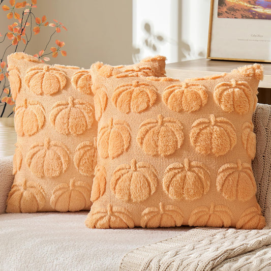 MIULEE Fall Throw Pillow Covers 18x18 Set of 2 Autumn Decorations Pumpkin Accent Pillowcase for Outdoor Porch Sofa Couch Bed Living Room Plush Faux Fur Halloween Farmhouse Home Decor