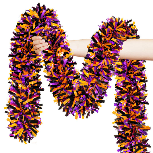 Lairyan 50FT Halloween Tinsel Garland Decorations, Shiny Orange Black Purple Metallic Twist Hanging Garland for Home Tree Stairs Indoor Outdoor Halloween Party Decorations