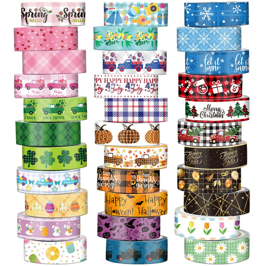 TaoBary 33 Rolls Washi Tape Set, 15 mm Holiday Washi Tape Set Seasonal Plaid Bohemian Colorful Vintage Cute for Card Wrapping Craft(Cute Style)