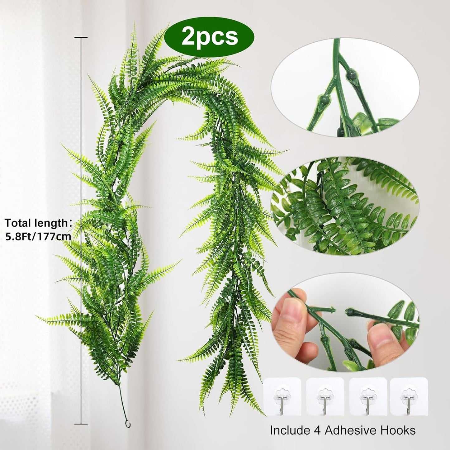 RECUTMS 2Pcs 5.8Ft Artificial Boston Ferns Garland Fake Hanging Plant Greenery Leaves Ivy Garland Faux Ferns Vines for Spring Sunmmer Outdoor Indoor Home Garden Wedding Graduation Party Wall Decor