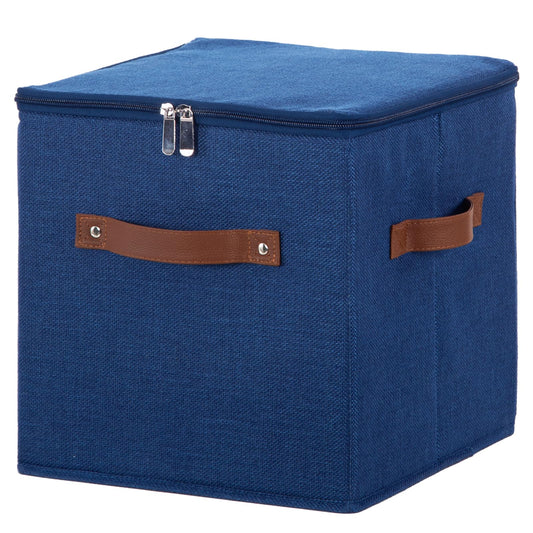 HYVAKUPPA 11inch Storage Boxes Cubes with Zipper Lid Collapsible Fabric Lidded Storage Bins Baskets PU Leather Handle Cotton Linen Decorative Shelf Closet Organizer Container (Blue, 1PCS)