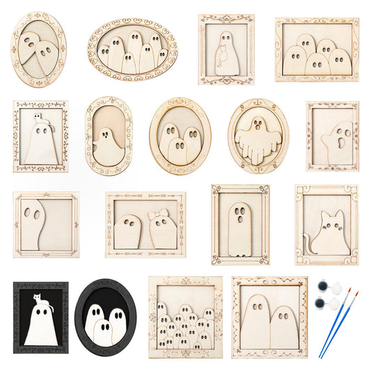 JarThenaAMCS 15 Set Halloween Wood DIY Frames Decorating Craft Unfinished Black Cat Ghost Wooden Gift Ornament Painting Set with White Black Paint and Brush for Art Party Supplies, Not Include Glue