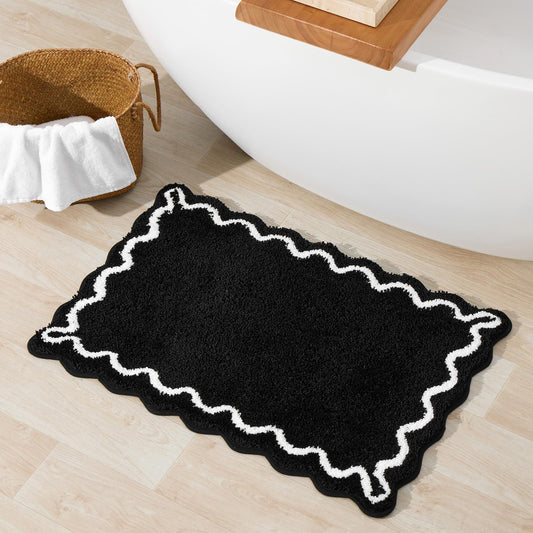 ORTIGIA Black Bath Mat with White Scallop Non Slip, Quick Dry Bath Rug Absorbent Soft Plush Microfiber Bathmat for Bathroom Floor Carpet for Sink Bedroom, 20x32