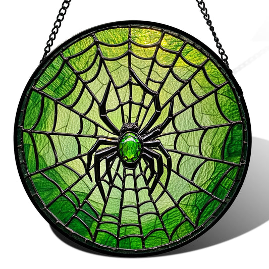 CRISGIF Stained Glass Window Hanging - Black Green Horror Spider Web Suncatcher for Doors Garden Patio Sun Catchers Decor Christmas Halloween Birthday Gifts for Women Men Mom Nana Friend 7.8 in