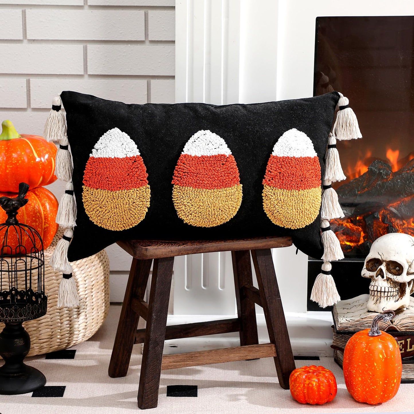 Yuntau Halloween Throw Pillow Cover with Tassels 12 x 20 Inch Decorative Candy Corn Pillowcase Embroidery Furry Plush Candy Corn Cushion Cover Halloween Decorations for Home Sofa Couch Bedroom Outdoor