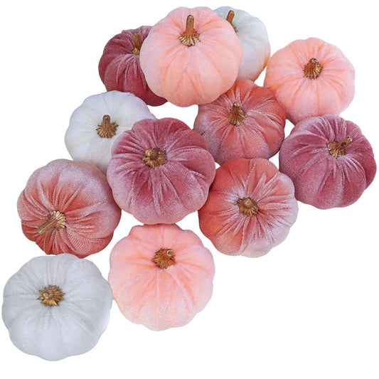 Winlyn 12 Pcs Small Rustic Faux Velvet Pumpkins Decorative Blush Coral Pink Peach Ivory Fabric Foam Pumpkins 3" for Fall Wedding Bbay Shower Thanksgiving Halloween Table Centerpiece Décor