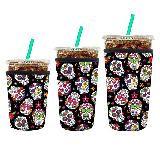 AUEKLLW 3 Pack Reusable Neoprene Insulator Sleeve for Iced Coffee Cups, Funny Coffee Cup Sleeves for 16-32oz Coffee cups, Cute Drink Sleeve for Cold Hot Beverages Cute Floral Skull