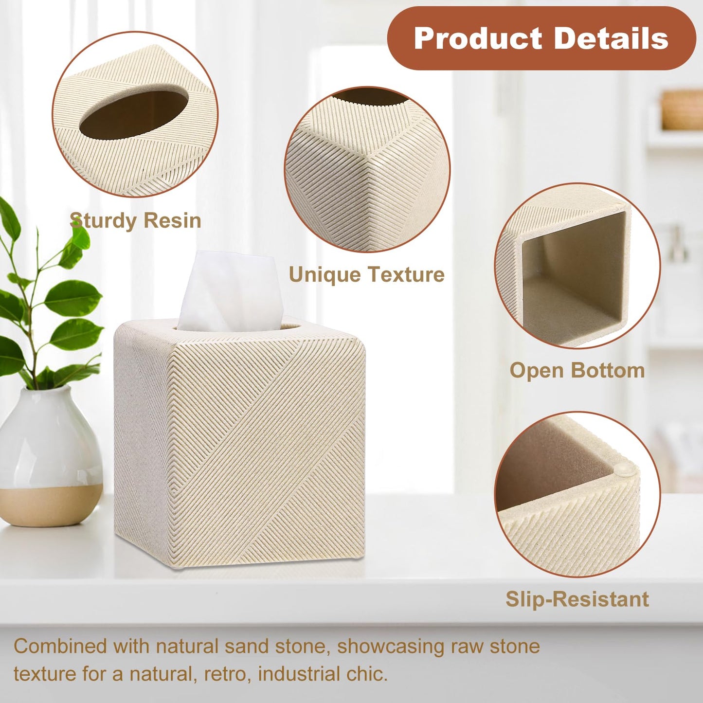 Twill Texture Tissue Box Cover Square, Resin Facial Tissue Holder Covers Square Cube Tissue Box Holder with Open Bottom for Bathroom Vanity Tops, Bedroom Dressers, Kitchen Countertop, Travertine Beige