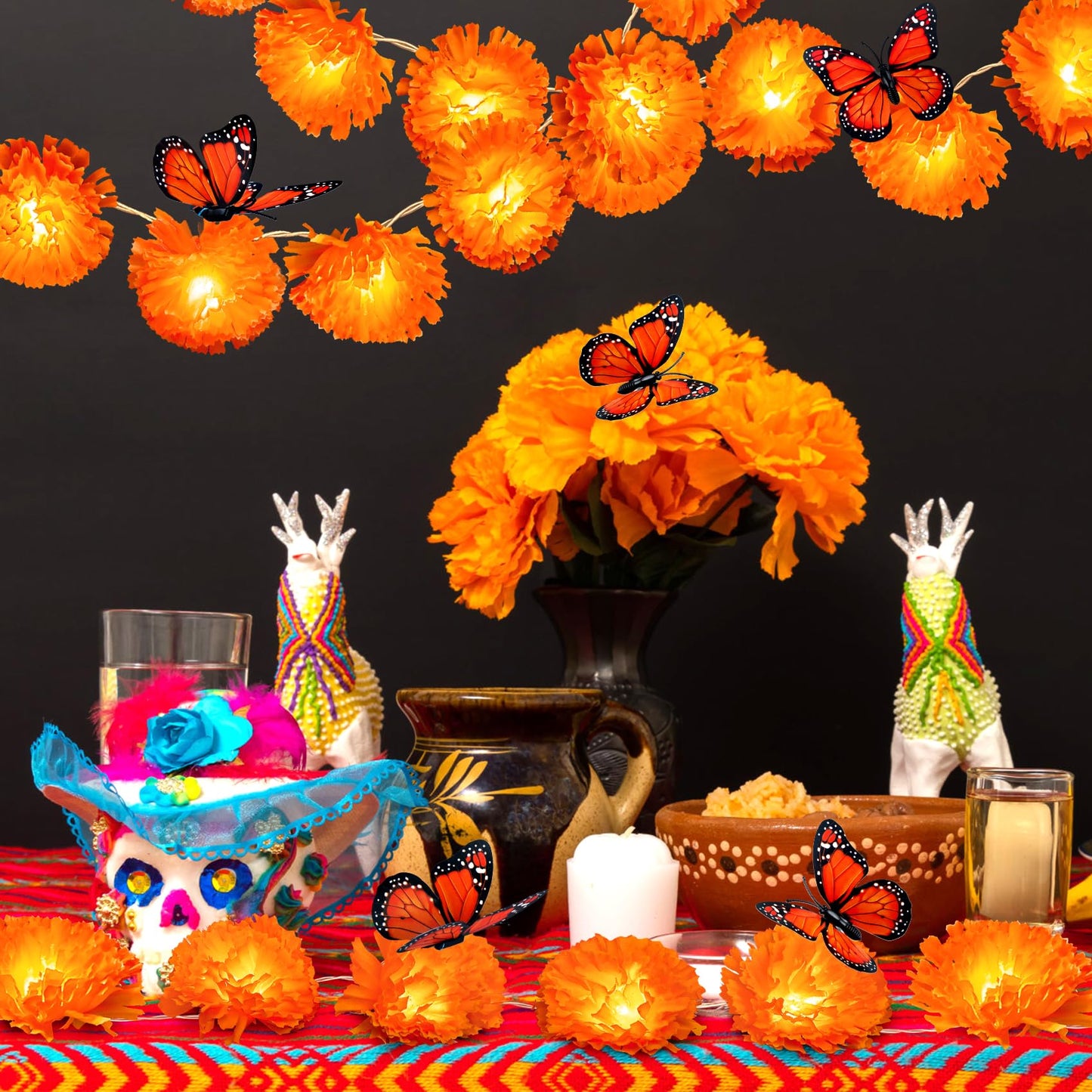 2 Pack Day of the Dead Decorations Total 13.1Ft Marigold Garland for Decoration, 40 Lighted Artificial Marigold Flowers 12 Butterfly for Dia de Los Muertos Indian Diwali Altar Halloween Home Decor