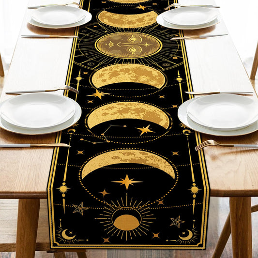 Croar Mystical Moon Phase Sun Face Dining Table Runner, Vintage Magic Astrology Ouija Board Tarot Burlap Kitchen Decoration, Gothic Retro Indoor Outdoor Home Decor Party Supply 13 x 72 Inches