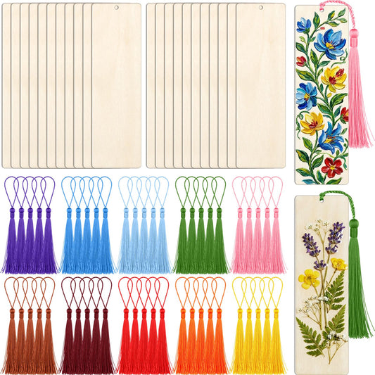 Yexiya 300 Pcs Bookmark Making Kit, 150 Unfinished Wood Bookmarks with 150 Colorful Tassels Bulk Blank Rectangle Wooden Tags with Holes for DIY Crafts Teacher Appreciation Graduation Party Decoration