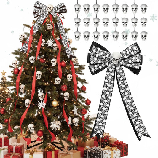 Skull Christmas Ornaments Gothic Tree Topper Spooky Christmas Decorations 1 Pcs Large Skull Tree Topper Bow and 24 Pcs Small Plastic Skeleton Head Hanging Ornament for Xmas Front Door Outdoor