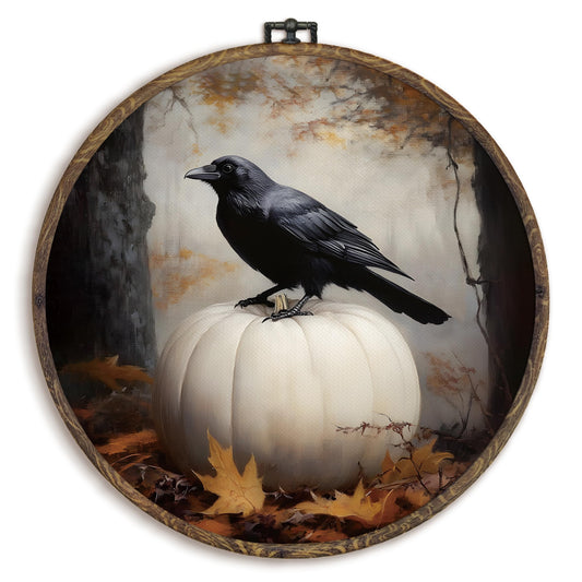 KFXHANGD Fall Halloween Crow Round Wall Art Framed, Vintage Halloween Decor, Witchy Pumpkin Canvas Wall Art, Autumn Gothic Raven Hanging Decor for Bathroom Bedroom Living Room, 10x10inch