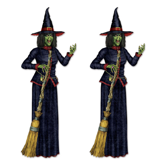 Beistle Jointed Witch Decorations – 2 Pack, Poseable Halloween Cutouts, Cardstock Paper Wall Decorations, Spooky Green Witches Holding Brooms for Haunted Houses, Parties, and Seasonal Displays, 6' 2"