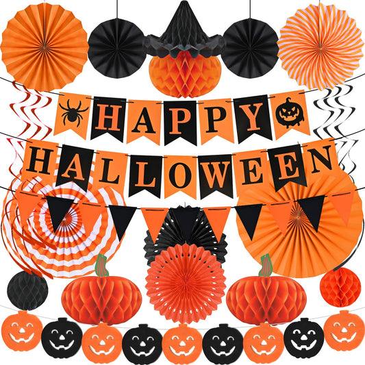 AhfuLife Halloween Party Decorations - Supplies Set with Reusable Decorations, Indoor Happy Halloween Sign Banner, Pennant Banner, Paper Tissue Fan