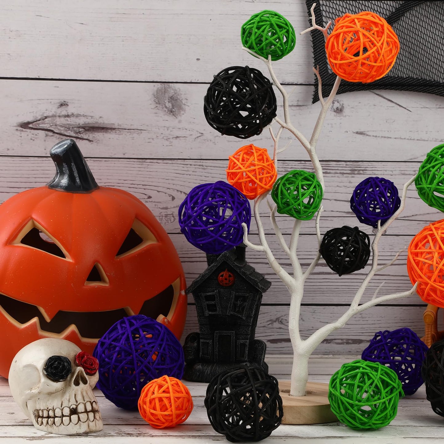 SANNIX 16 Pcs 3 Sizes Big Halloween Rattan Balls Vase Filler, 4 Colors