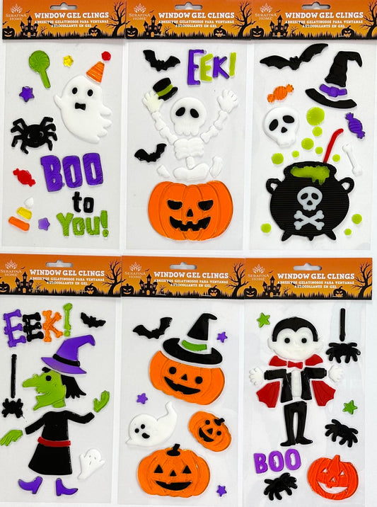 Halloween Gel Cling Stickers for Windows and Mirrors - 6 Sheets of Reusable Spooky Designs: Dracula, Ghosts, Skeletons, Witches, Jack-o-lanterns and More!