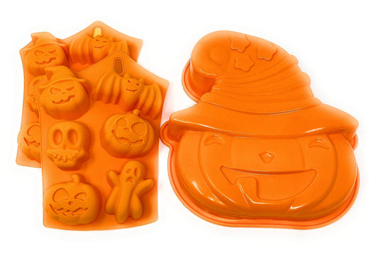 Halloween Silicone Mold Bundle includes Pumpkin Cake Pan & 2 Halloween Molds: Pumpkin with Witch Hat, Ghost, Skull, Bat for Candy, Cakes, Ice Cubes, Bath Bombs, Fondant Decorations (Colors Vary)